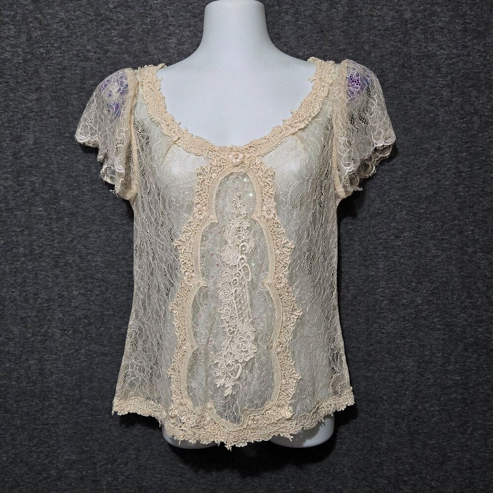 Anthropologie Fei Top Womens 8 Ivory Sequin Sheer Lace Fairy Angelcore Coquette